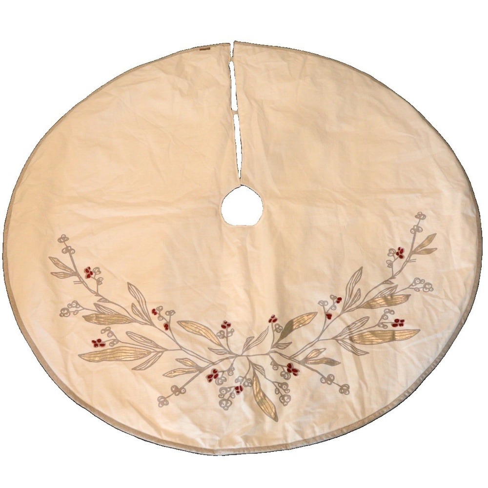 Allen & Roth Christmas Tree Skirt Embroidered Cranberries & Leaves Print Cotton